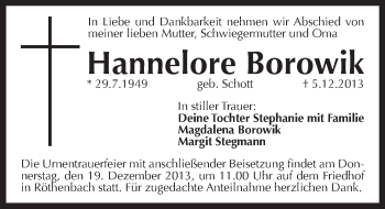 Traueranzeige von Hannelore Borowik von Pegnitz-Zeitung